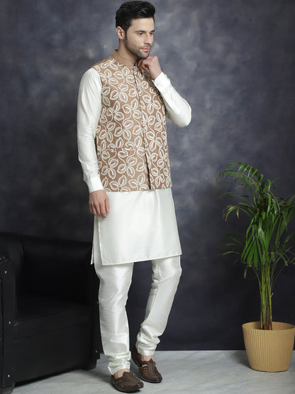 Jompers Men's Embroidred Nehru Jacket With Solid Kurta Pyjama - Brown