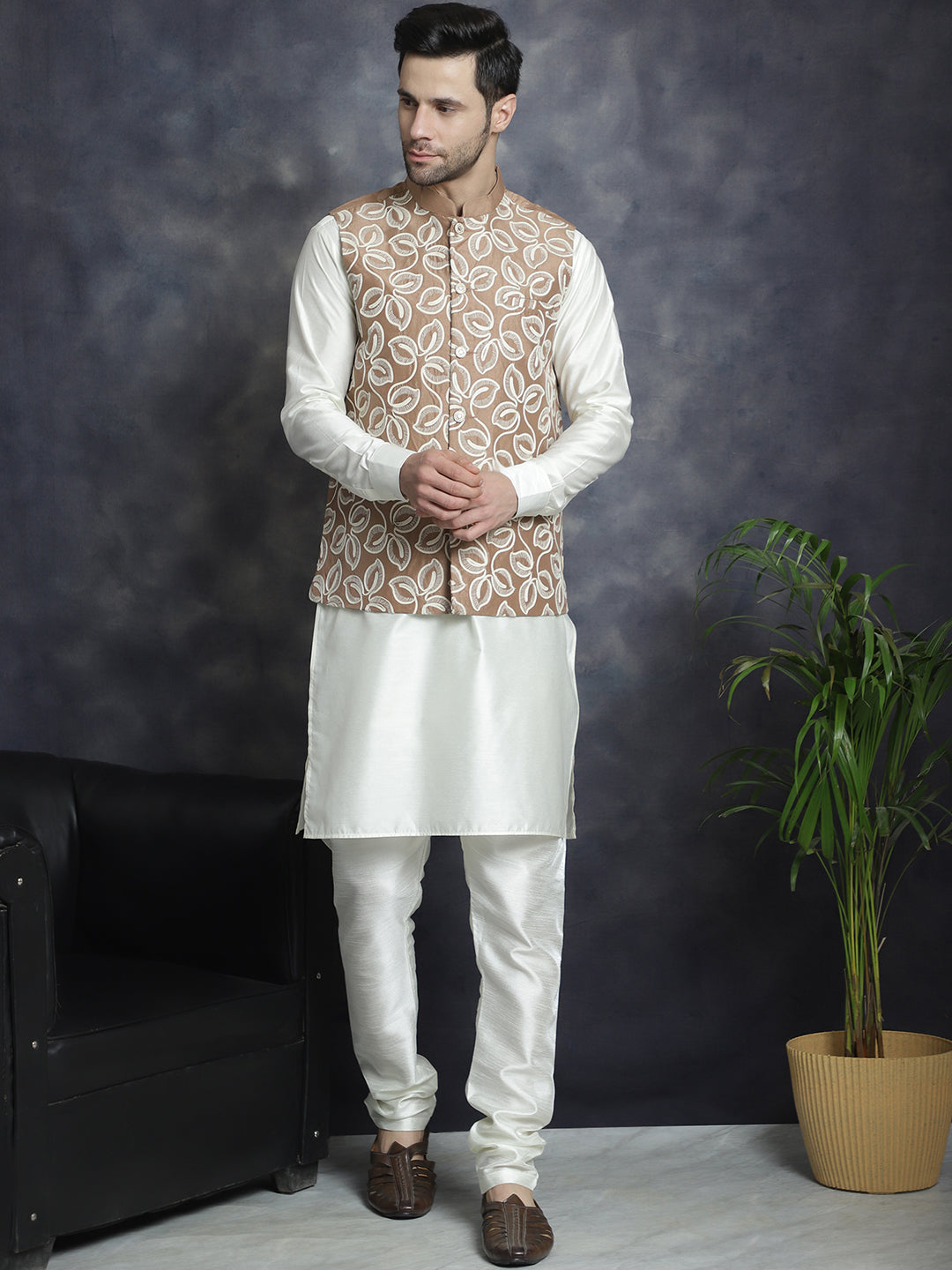 Jompers Men's Embroidred Nehru Jacket With Solid Kurta Pyjama - Brown