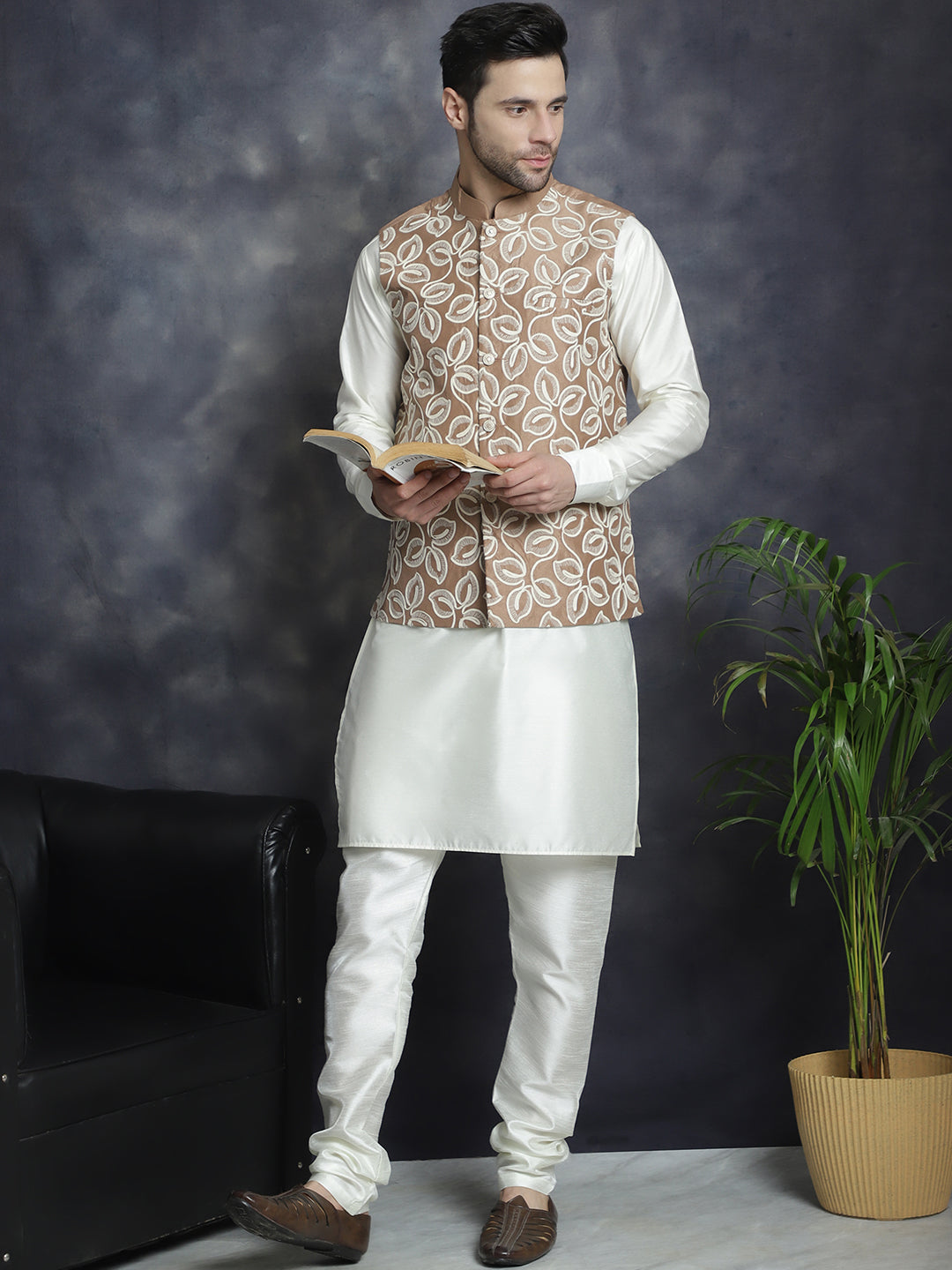 Jompers Men's Embroidred Nehru Jacket With Solid Kurta Pyjama - Brown