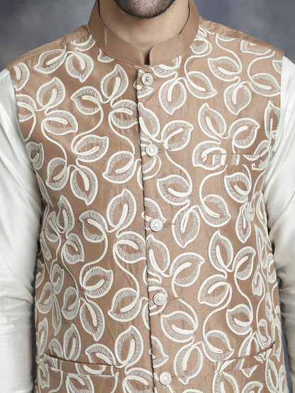 Jompers Men's Embroidred Nehru Jacket With Solid Kurta Pyjama - Brown