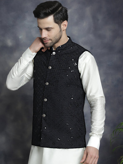 Jompers Men's Sequins and Embroidred Nehru Jacket With Solid Kurta Pyjama - Black