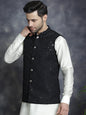 Jompers Men's Sequins and Embroidred Nehru Jacket With Solid Kurta Pyjama - Black