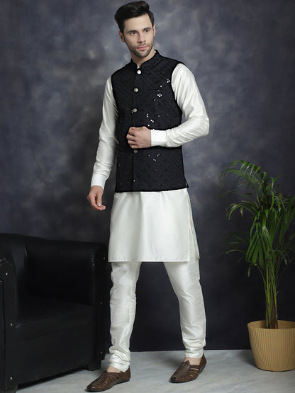 Jompers Men's Sequins and Embroidred Nehru Jacket With Solid Kurta Pyjama - Black