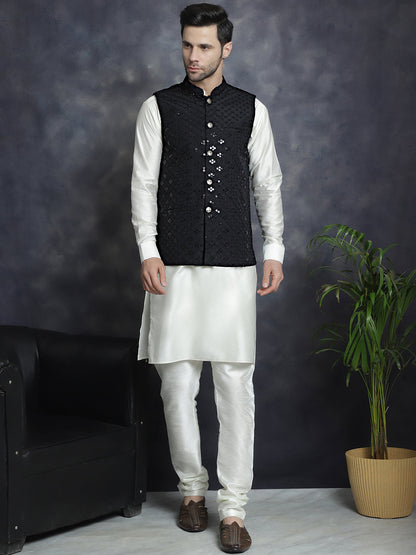 Jompers Men's Sequins and Embroidred Nehru Jacket With Solid Kurta Pyjama - Black