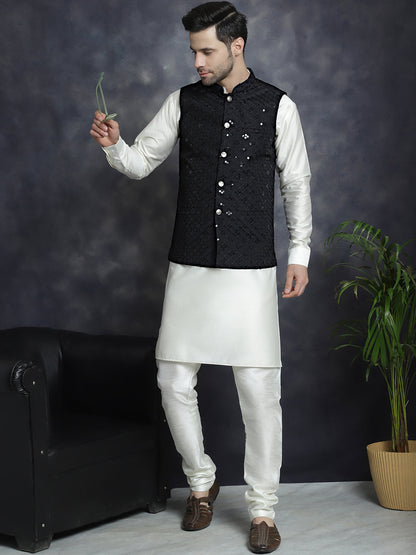 Jompers Men's Sequins and Embroidred Nehru Jacket With Solid Kurta Pyjama - Black