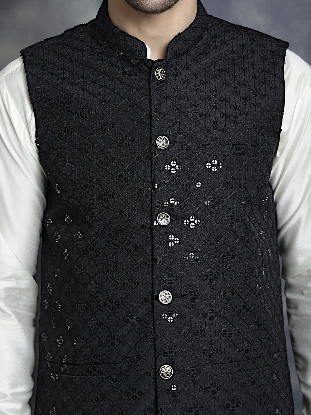 Jompers Men's Sequins and Embroidred Nehru Jacket With Solid Kurta Pyjama - Black