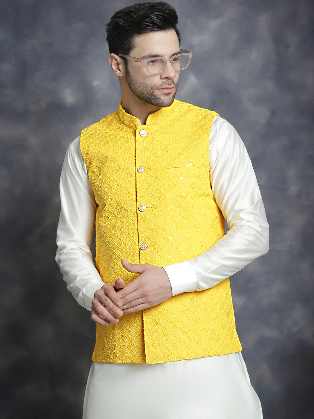 Jompers Men's Sequins and Embroidred Nehru Jacket With Solid Kurta Pyjama - Yellow