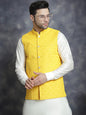 Jompers Men's Sequins and Embroidred Nehru Jacket With Solid Kurta Pyjama - Yellow