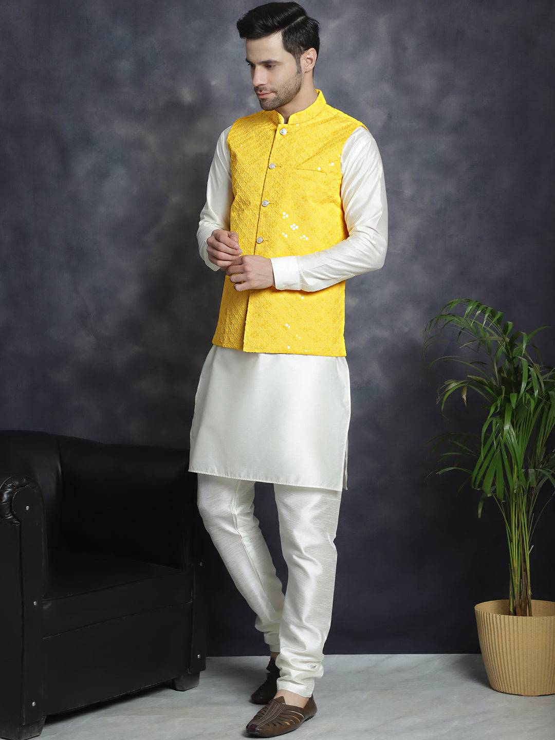 Jompers Men's Sequins and Embroidred Nehru Jacket With Solid Kurta Pyjama - Yellow