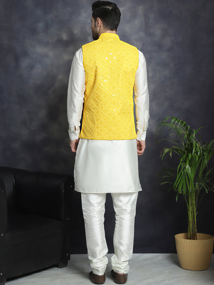 Jompers Men's Sequins and Embroidred Nehru Jacket With Solid Kurta Pyjama - Yellow