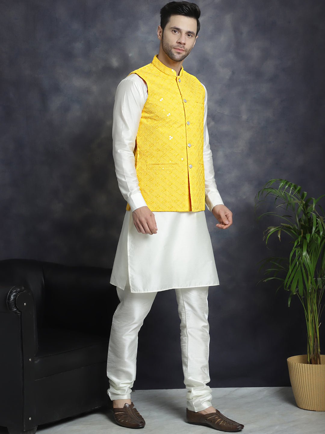 Jompers Men's Sequins and Embroidred Nehru Jacket With Solid Kurta Pyjama - Yellow