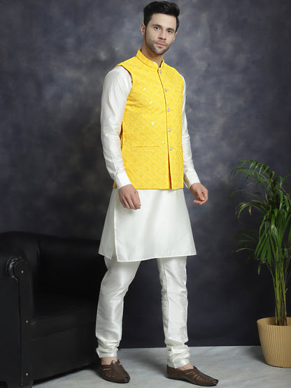 Jompers Men's Sequins and Embroidred Nehru Jacket With Solid Kurta Pyjama - Yellow