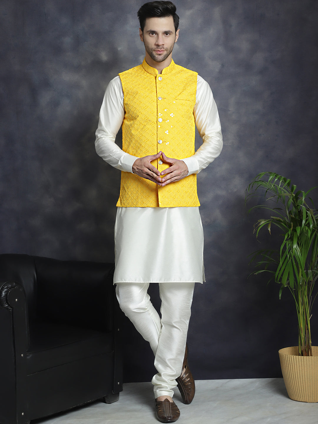 Jompers Men's Sequins and Embroidred Nehru Jacket With Solid Kurta Pyjama - Yellow