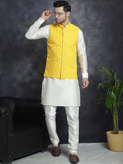 Jompers Men's Sequins and Embroidred Nehru Jacket With Solid Kurta Pyjama - Yellow