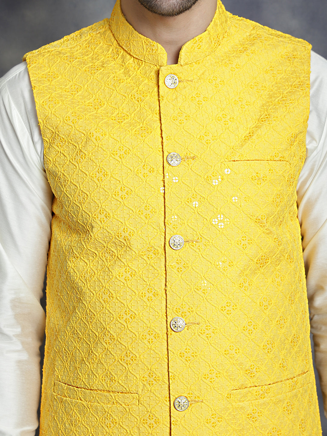 Jompers Men's Sequins and Embroidred Nehru Jacket With Solid Kurta Pyjama - Yellow