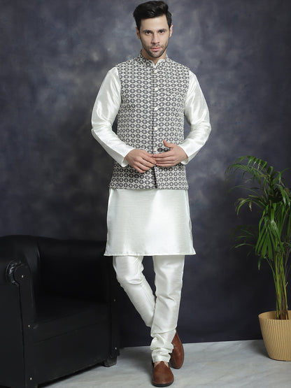 Jompers Men's Embroidred Nehru Jacket With Solid Kurta Pyjama - Grey