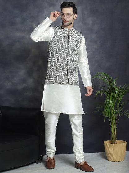Jompers Men's Embroidred Nehru Jacket With Solid Kurta Pyjama - Grey