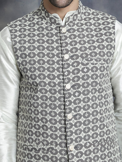 Jompers Men's Embroidred Nehru Jacket With Solid Kurta Pyjama - Grey