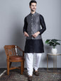 Jompers Men's Printed Nehru Jacket With Kurta Pyjama Set - Charcoal