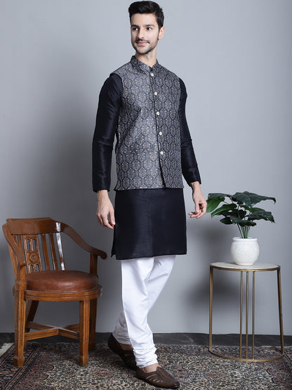 Jompers Men's Printed Nehru Jacket With Kurta Pyjama Set - Charcoal