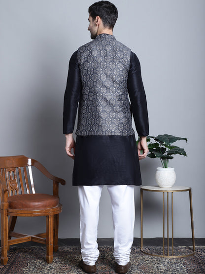 Jompers Men's Printed Nehru Jacket With Kurta Pyjama Set - Charcoal