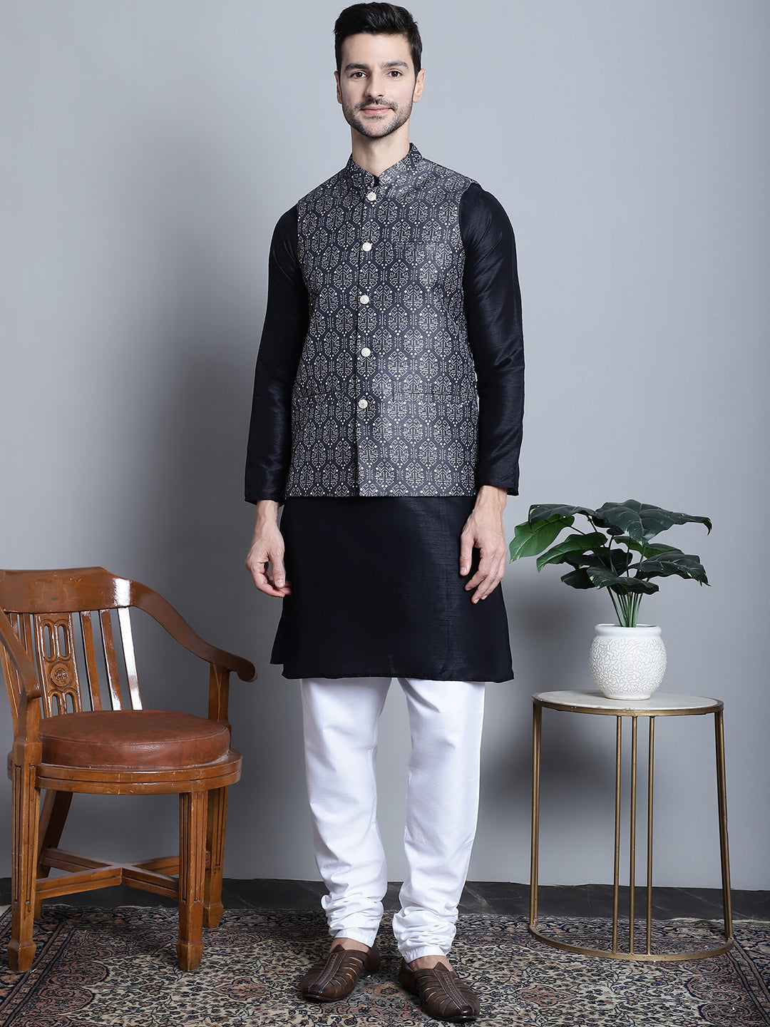 Jompers Men's Printed Nehru Jacket With Kurta Pyjama Set - Charcoal