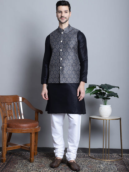 Jompers Men's Printed Nehru Jacket With Kurta Pyjama Set - Charcoal