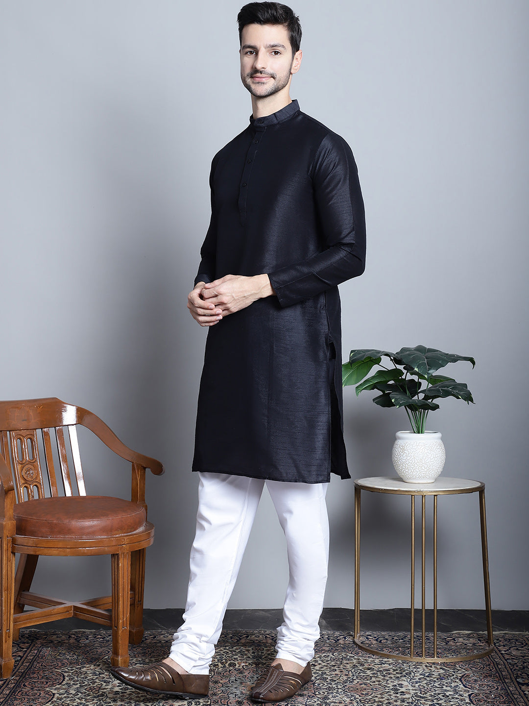 Jompers Men's Printed Nehru Jacket With Kurta Pyjama Set - Charcoal