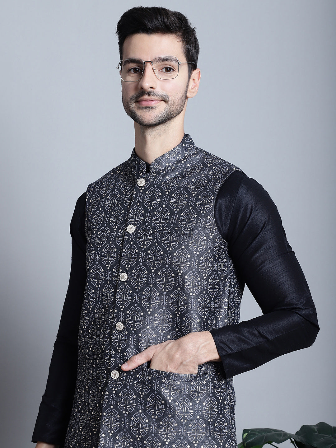 Jompers Men's Printed Nehru Jacket With Kurta Pyjama Set - Charcoal