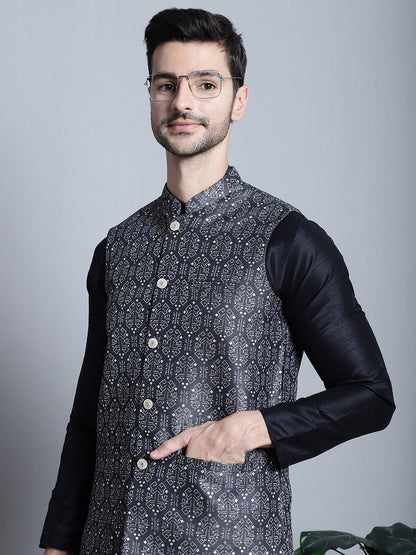 Jompers Men's Printed Nehru Jacket With Kurta Pyjama Set - Charcoal