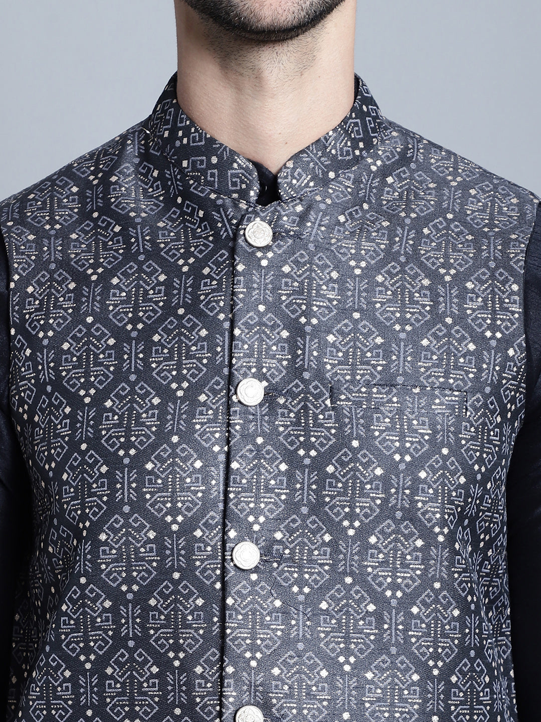 Jompers Men's Printed Nehru Jacket With Kurta Pyjama Set - Charcoal