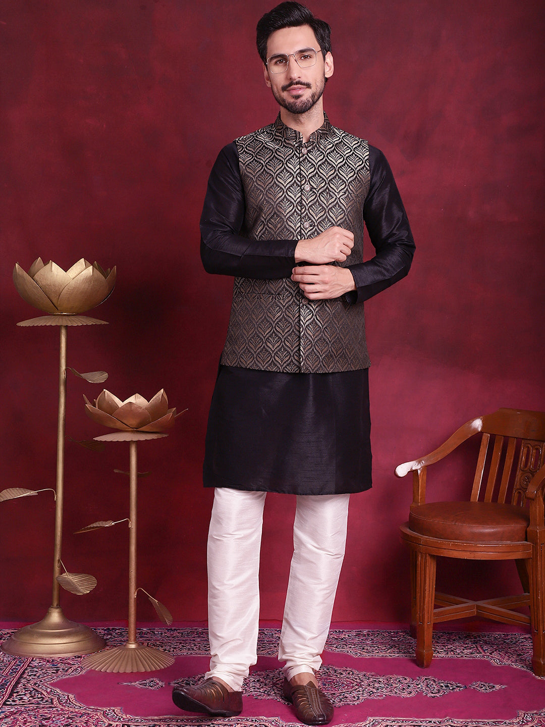 Jompers Men's Woven Design Nehru Jacket With Kurta Pyjama Set - Golden