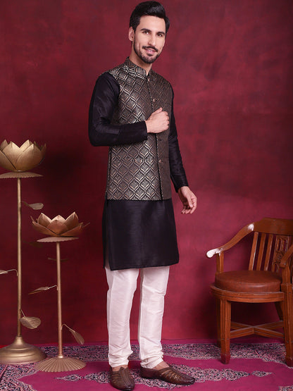 Jompers Men's Woven Design Nehru Jacket With Kurta Pyjama Set - Golden