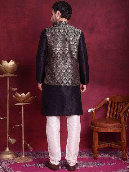 Jompers Men's Woven Design Nehru Jacket With Kurta Pyjama Set - Golden
