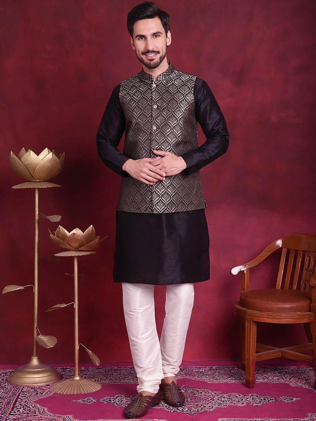 Jompers Men's Woven Design Nehru Jacket With Kurta Pyjama Set - Golden