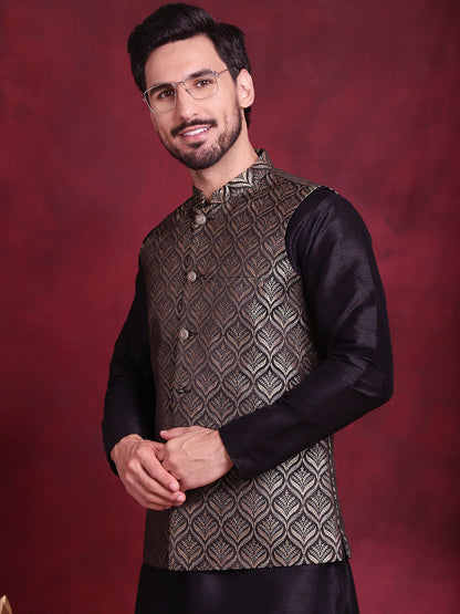 Jompers Men's Woven Design Nehru Jacket With Kurta Pyjama Set - Golden