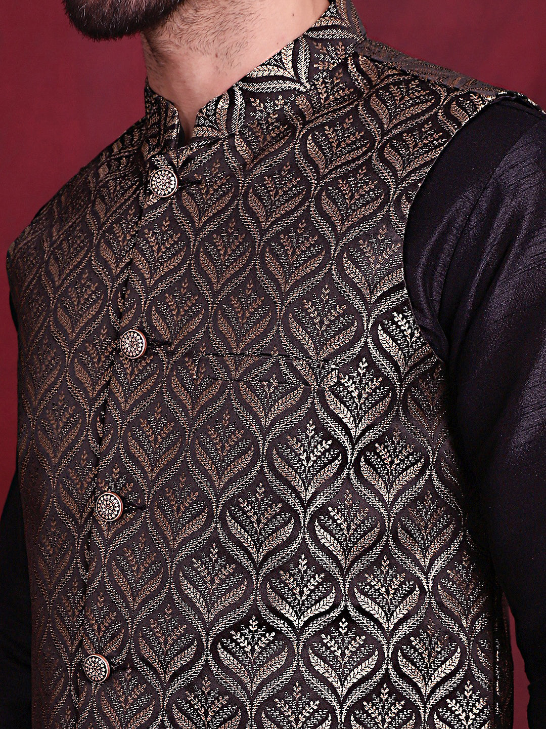 Jompers Men's Woven Design Nehru Jacket With Kurta Pyjama Set - Golden