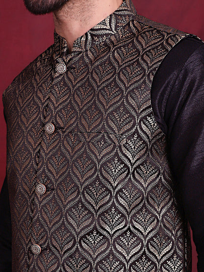 Jompers Men's Woven Design Nehru Jacket With Kurta Pyjama Set - Golden