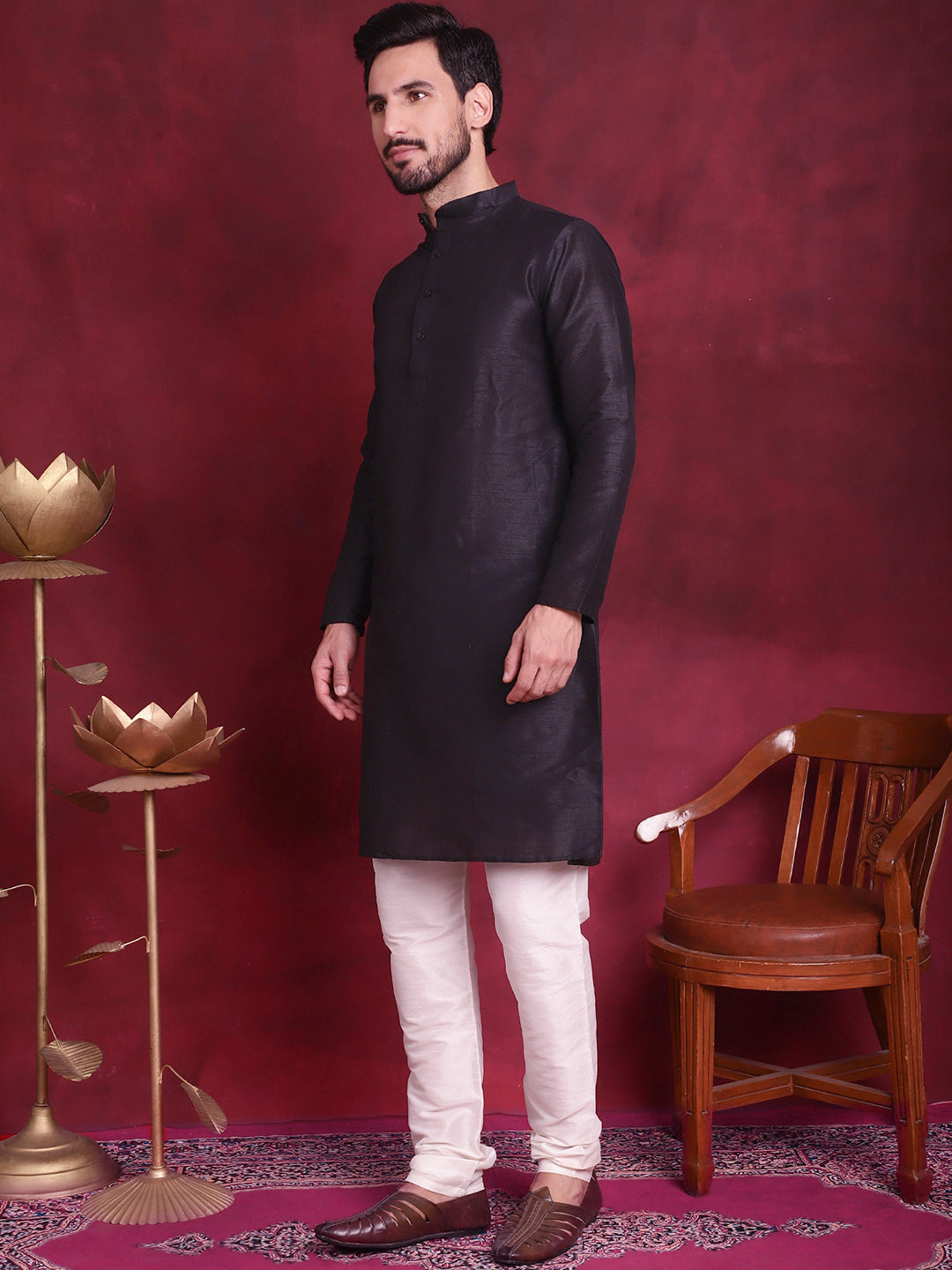 Jompers Men's Woven Design Nehru Jacket With Kurta Pyjama Set - Maroon