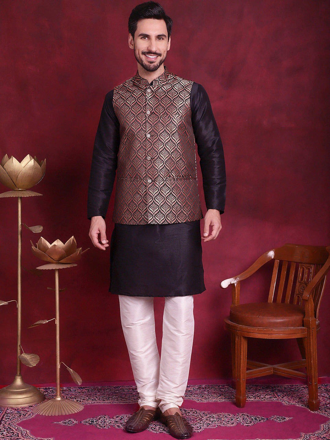 Jompers Men's Woven Design Nehru Jacket With Kurta Pyjama Set - Maroon