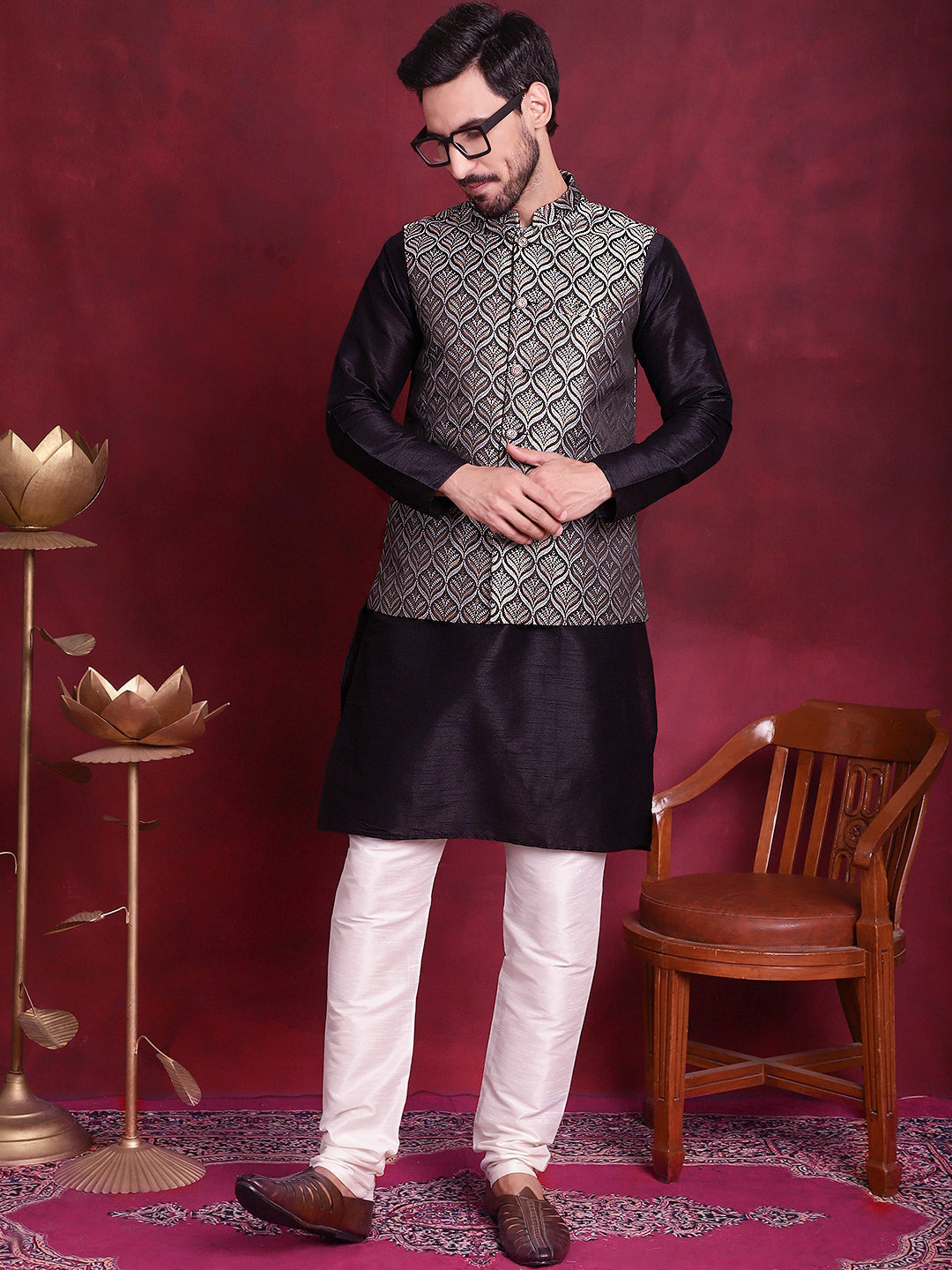 Jompers Men's Woven Design Nehru Jacket With Kurta Pyjama Set - Silver