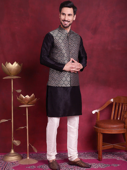 Jompers Men's Woven Design Nehru Jacket With Kurta Pyjama Set - Silver