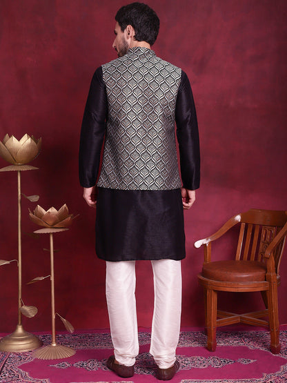 Jompers Men's Woven Design Nehru Jacket With Kurta Pyjama Set - Silver