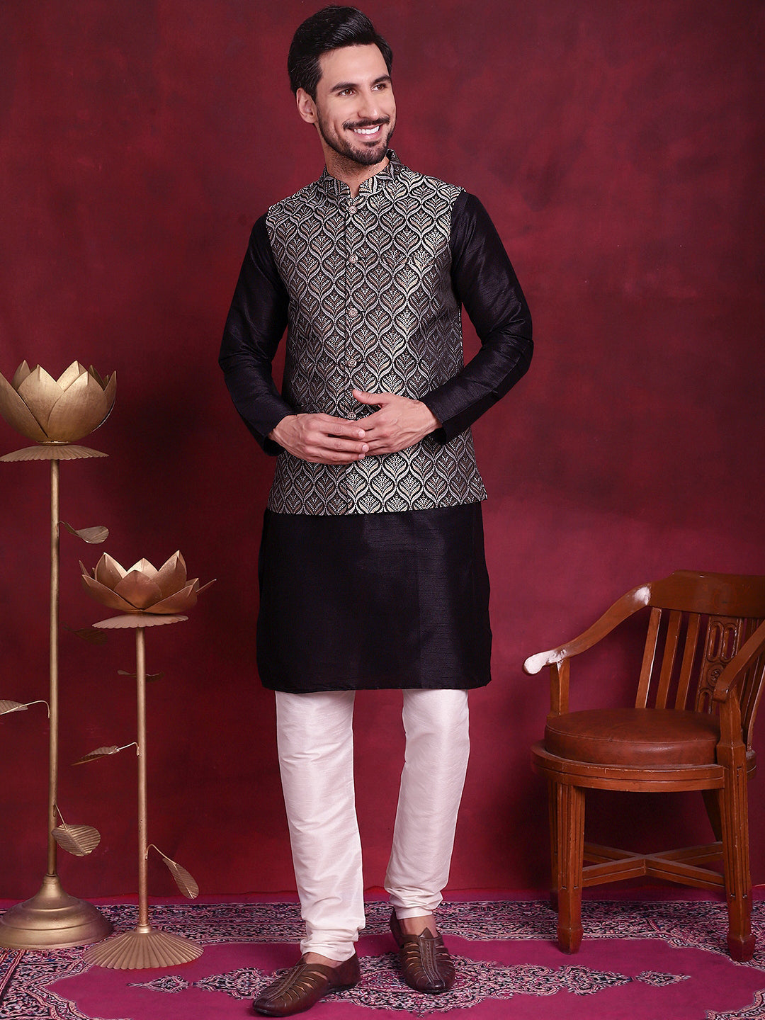 Jompers Men's Woven Design Nehru Jacket With Kurta Pyjama Set - Silver