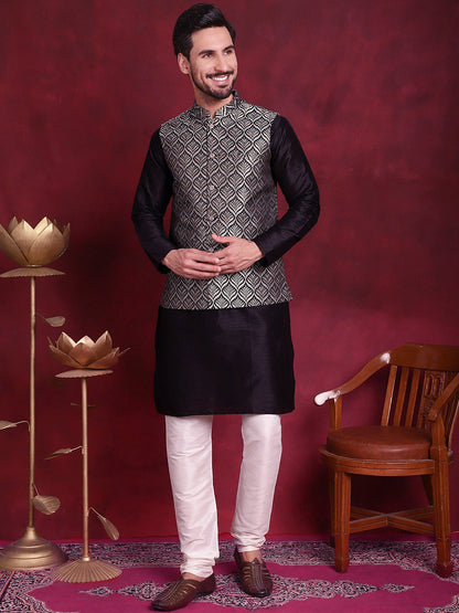 Jompers Men's Woven Design Nehru Jacket With Kurta Pyjama Set - Silver