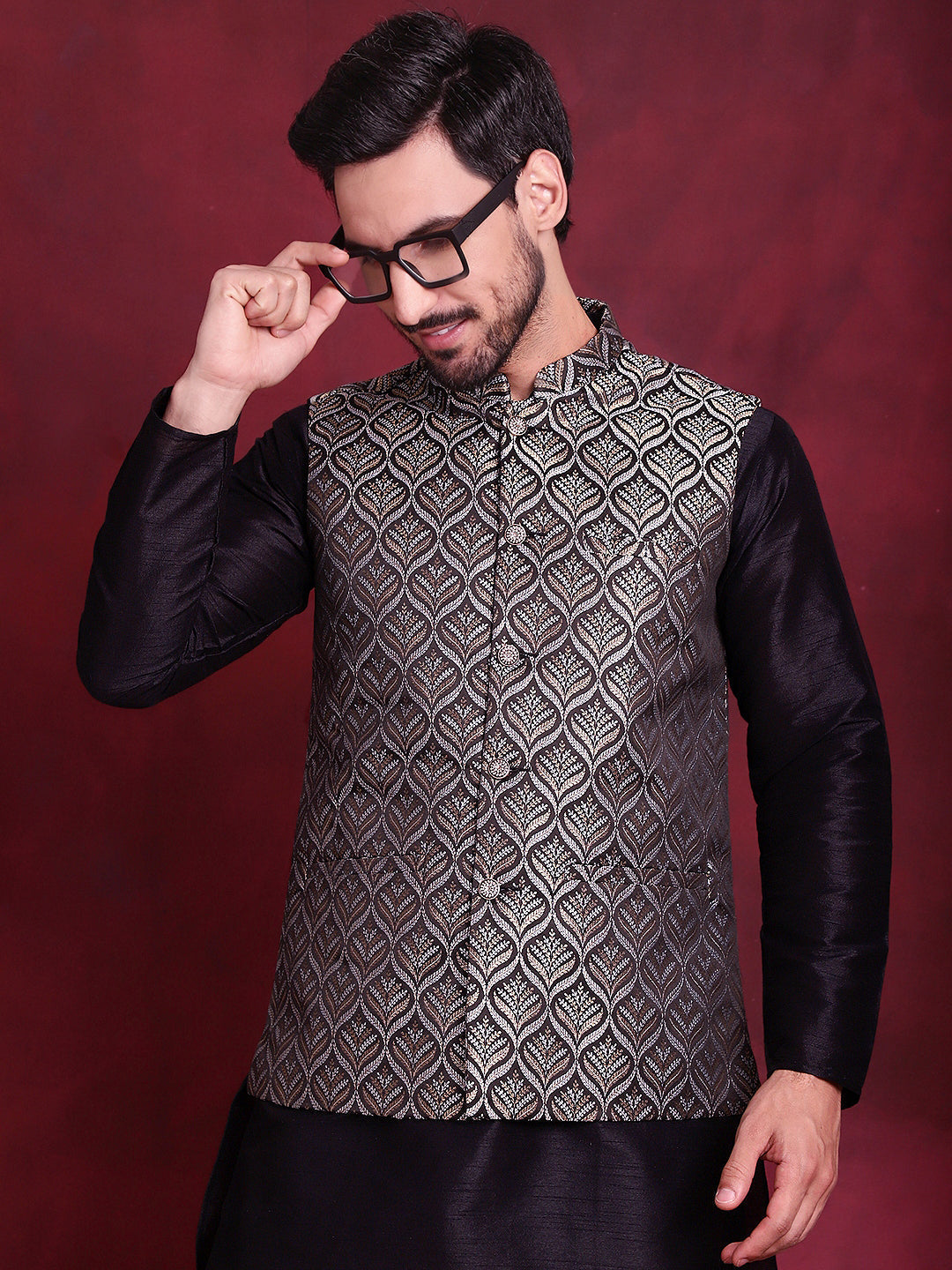 Jompers Men's Woven Design Nehru Jacket With Kurta Pyjama Set - Silver