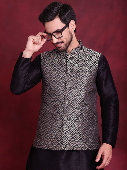 Jompers Men's Woven Design Nehru Jacket With Kurta Pyjama Set - Silver