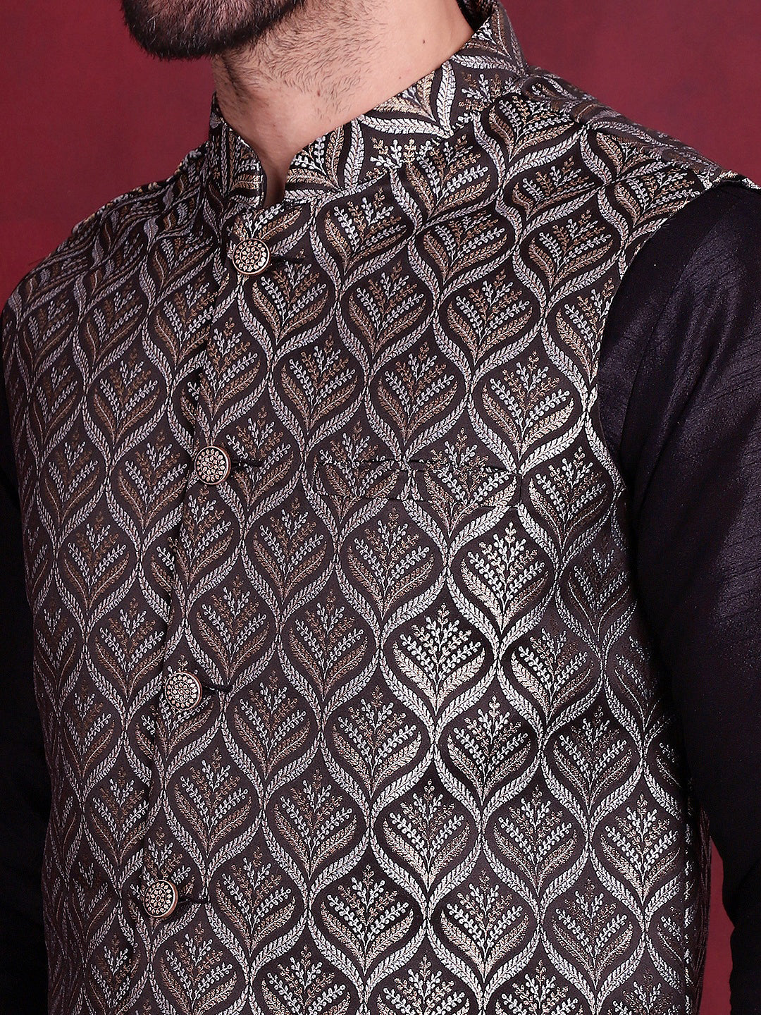 Jompers Men's Woven Design Nehru Jacket With Kurta Pyjama Set - Silver