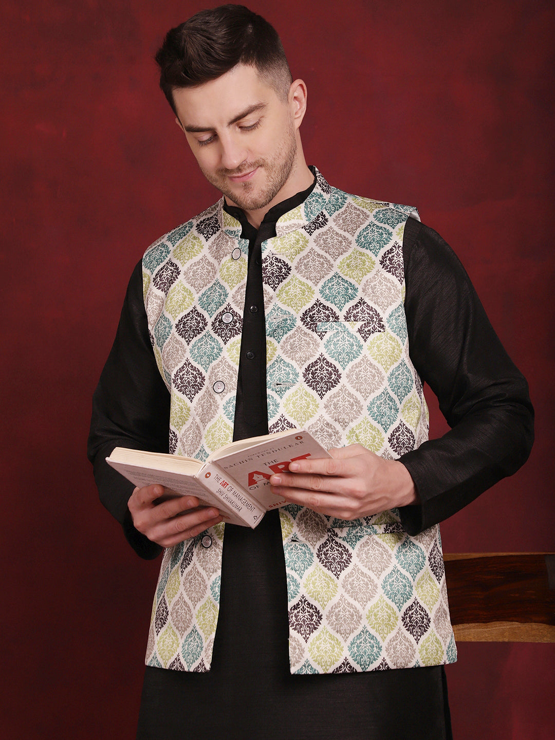 Jompers Men's Green Floral Printed Nehru Jacket With Kurta Pyjama Set