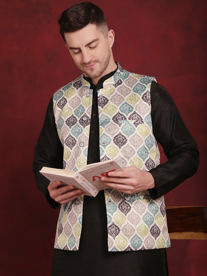 Jompers Men's Green Floral Printed Nehru Jacket With Kurta Pyjama Set
